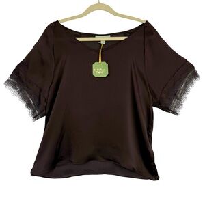 Ryegrass Satin Lace Brown Torte Blouse V-Neck Short Sleeve Size Large